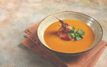 Shrimp cream soup, bisque soup, French cuisine, homemade, no people