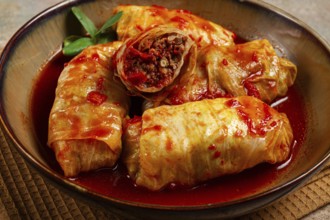 Stuffed cabbage rolls with minced meat, in tomato sauce, top view, without people, in the spotlight