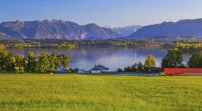 Panorama of Staffelsee with Estergebirge and Wetterstein Mountains, Uffing am Staffelsee, The Blue