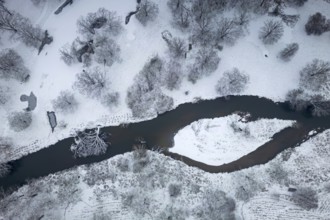 Winter landscape in frost, floodplain landscape, meander, icy, snowy, frost, frozen, river