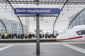 Central Station in Berlin, passengers on the platform, ICE train arrives, Germany