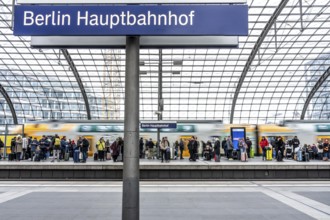 Central Station in Berlin, passengers on the platform, train arrives, Germany