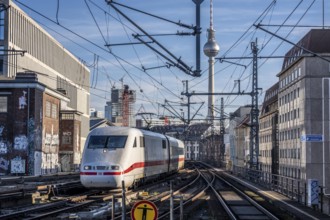 Railway line in Berlin, east of Friedrichstraße station, looking east, Berlin TV tower, ICE train