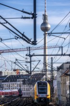 Railway line in Berlin, east of Friedrichstraße station, looking east, Berlin TV Tower, ODEG Zug on