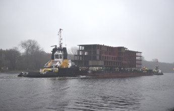 Tugboats transport parts of a ship in fog through the Kiel Canal, NOK, Kiel Canal, Kiel Canal,