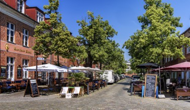 Catering, retail and typical, historic architecture in the Dutch Quarter in Potsdam, Brandenburg,