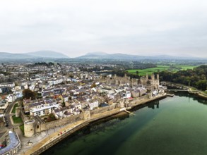 Caernarfon Castle from a drone, Caernarfon, Gwynedd, North-West Wales, UK