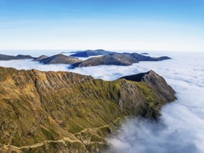 Snowdon Massif from a drone, Snowdon Range, Snowdonia, North Wales, UK