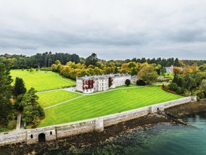 Autumn over Plas Newydd House from a drone, Gardens and Parkland, Llanfairpwllgwyngyll, Anglesey,