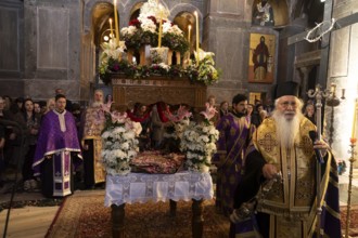 Orthodox priests at Epitaphios at Mass on Good Friday in the Catholicon of the Hosios Luke