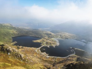 Pyg Track over Llyn Llydaw lake from a drone, Pen-y-Pass, mountain pass, Snowdonia, Gwynedd,