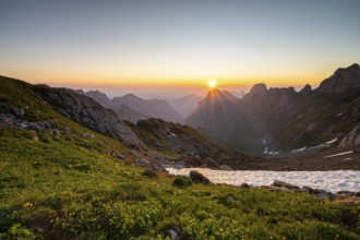 View over Alpstein Mountains into the Meglisalp Valley at sunrise, Rotstein Pass, Säntis,