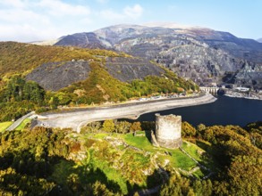Autumn over Ruins of Dolbadarn Castle from a drone, Llanberis, Llywelyn, North Wales, UK