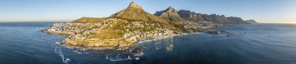 Cityscape, Aerial View, Ocean with Bantry Bay, Clifton Beach, Camps Bay and Lion's Head, Cape Town,