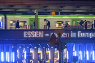 The main train station in Essen, blue-lit underpass, bus station, am Europaplatz, public transport