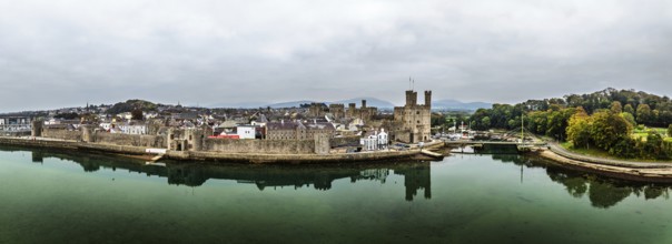 Caernarfon Castle from a drone, Caernarfon, Gwynedd, North-West Wales, UK