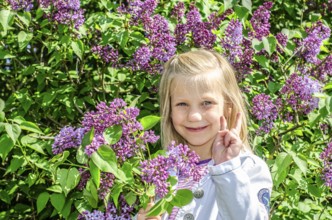 Little blonde 7-year-old girl stands surrounded by blooming lilacs and smiles at the camera in