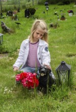 Grieving blonde 7-year-old girl at her dog's grave at pet cemetery in Ystad, Skåne County, Sweden,