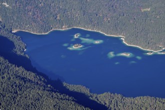View of Lake Eibsee lake from the mountain station of the Zugspitz cable car (2962 m), Grainau