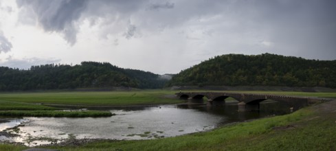 View of Old Bridge Asel, Edersee without water, Hesse, Germany