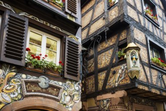 Artfully painted half-timbered houses, Sélestat, Schlettstadt, Alsace, Bas-Rhin department, France