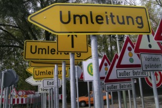 Traffic signs on a building yard in Bavaria, Germany
