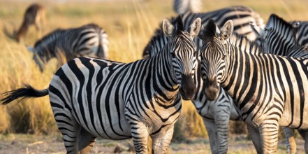 Two steppe zebras (Equus quagga), atmospheric lighting, Ihaha, Chobe National Park National Park,