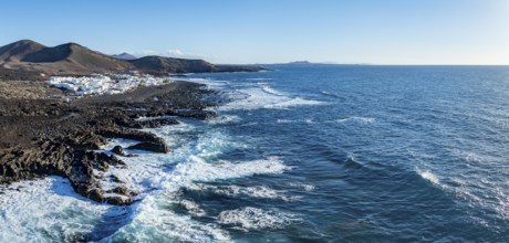 Coastal village fishing village El Golfo, volcanic landscape, coastal landscape, aerial view,