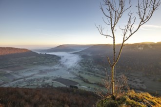Sunrise with fog in the Neidlinger Valley with a view of the Reussenstein castle ruins. Swabian