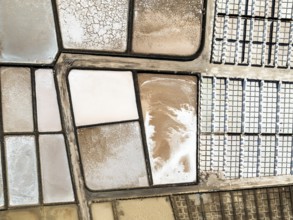 Salt mining plant, Salinas de Janubio, top-down, near Yaiza, drone shot, Lanzarote, Canary Islands,