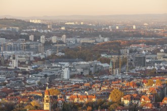 View of the city center in warm sunset light from Santiago de Chile Platz Stuttgart, Germany