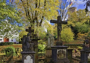 Old tombs at the castle cemetery at St. Michael's Chapel with the Godesburg, Bad Godesberg, Bonn,