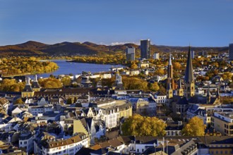 Autumn panoramic view from the town house of Bonn Minster, the Post Tower, the Rhine and the