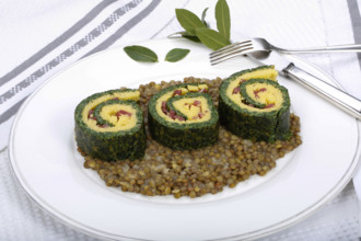 Southern German cuisine, polenta spinach roulade with alblentils served on serving platter, bay