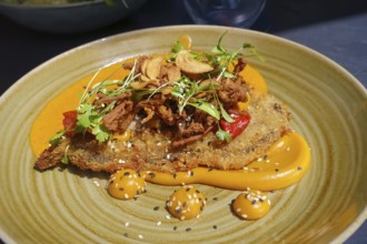 Wiener schnitzel, breaded veal schnitzel, meat dish served on plate, main course, breadcrumbs,