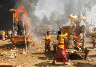 The coffins are incinerated during a corpse cremation (Ngaben) Gianyar, Bali, Indonesia