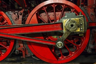 Wheelwork of a historic steam locomotive owned by the Free State of Bavaria, Eisenbahnmuseum,