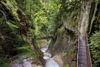 Wooden walkway in the Durnand Gorge, Les Valettes, Canton of Valais, Switzerland