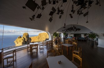 Cafe with panoramic window, interior at the Mirador del Río viewpoint, designed by artist César