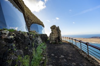 Panoramic window at the Mirador del Río viewpoint, designed by artist César Manrique, Lanzarote,