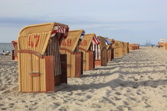 Empty, locked beach chairs on the beach, beach chair, sandy beach, Baltic Sea, Poel island,