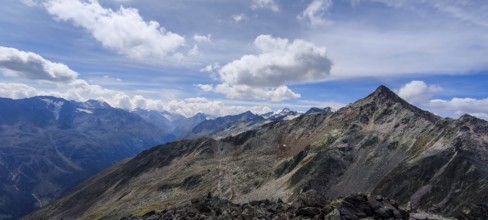 Scenic view from Gaislachkogel over the Ötztal Alps and down into the Ötztal near Sölden, Tyrol,