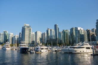 Sailing boats in marina, skyscrapers on the promenade, Coal Harbour, Vancouver, British Columbia,