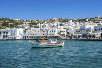 Mykonos, Cyclades, Greece - fishing boats are moored in the old port of Mykonos Town, Mykonos Chora