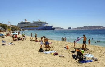 Mykonos, Cyclades, Greece - Voyager of the Seas cruise ship is located in Mykonos Harbour Bay. In