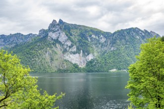 Landscape of Lake Traunsee on a rainy day in spring, Traunstein summit, Traunkirchen,