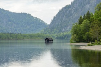 Fishing hut in lake Almsee, Grünau, Almtal, Salzkammergut, Upper Austria, Austria