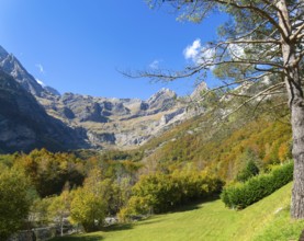 Mountain landscape view Ordesa y Monte Perdido National Park, Bielsa parador, Huesca province,