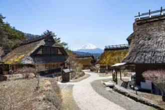 Iyashinosato open-air museum, old Japanese village with traditional houses, at the back volcano Mt.