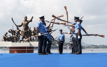 Indian Air Force personnel performs a bayonet drill demonstration on the bank of Brahmaputra river,